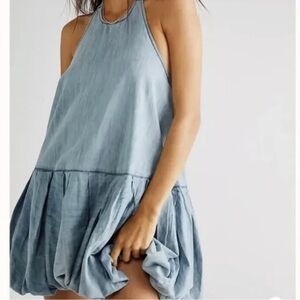 Free People Denim Bubble Mini Dress Halter Sleeveless Backless X Small
